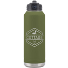 Laser etched olive green 32 oz vacuum insulated water bottle with 'I'm Coming to the Cottage (Loon)' design
