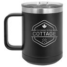 Laser etched black 15 oz vacuum insulated coffee mug with 'I'm Coming to the Cottage (Maple Leaf)' design