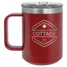 Laser etched maroon 15 oz vacuum insulated coffee mug with 'I'm Coming to the Cottage (Maple Leaf)' design