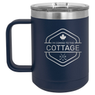 Laser etched navy 15 oz vacuum insulated coffee mug with 'I'm Coming to the Cottage (Maple Leaf)' design