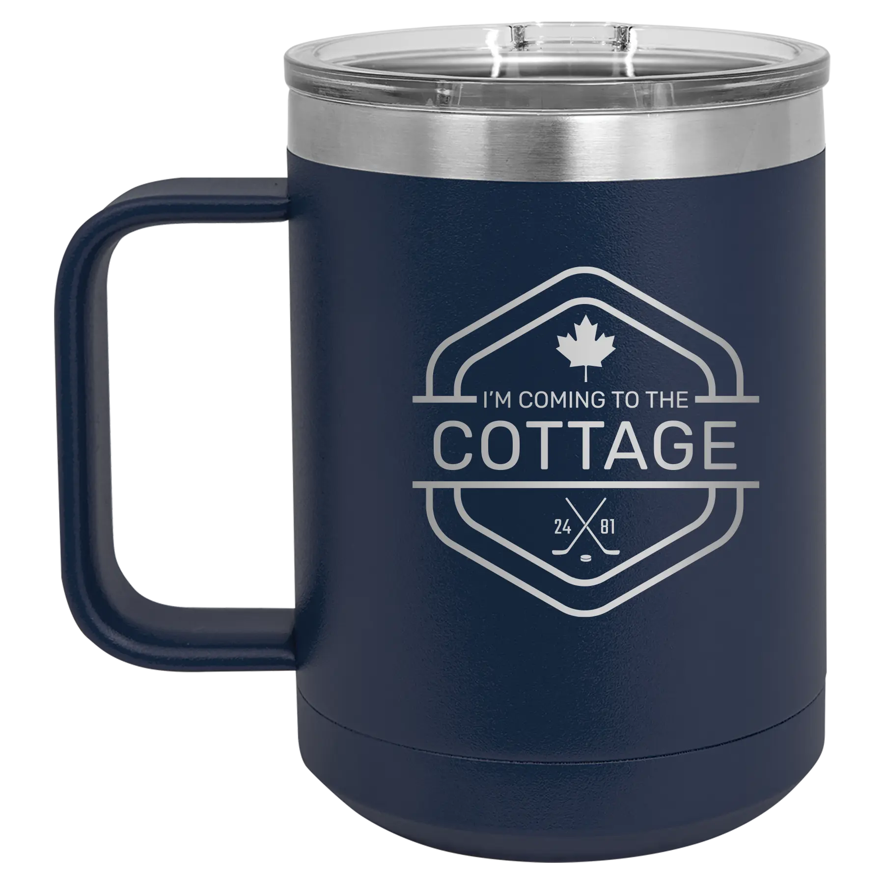 Laser etched navy 15 oz vacuum insulated coffee mug with 'I'm Coming to the Cottage (Maple Leaf)' design