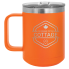 Laser etched orange 15 oz vacuum insulated coffee mug with 'I'm Coming to the Cottage (Maple Leaf)' design