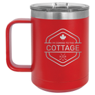 Laser etched red 15 oz vacuum insulated coffee mug with 'I'm Coming to the Cottage (Maple Leaf)' design
