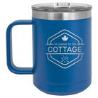 Laser etched royalblue 15 oz vacuum insulated coffee mug with 'I'm Coming to the Cottage (Maple Leaf)' design