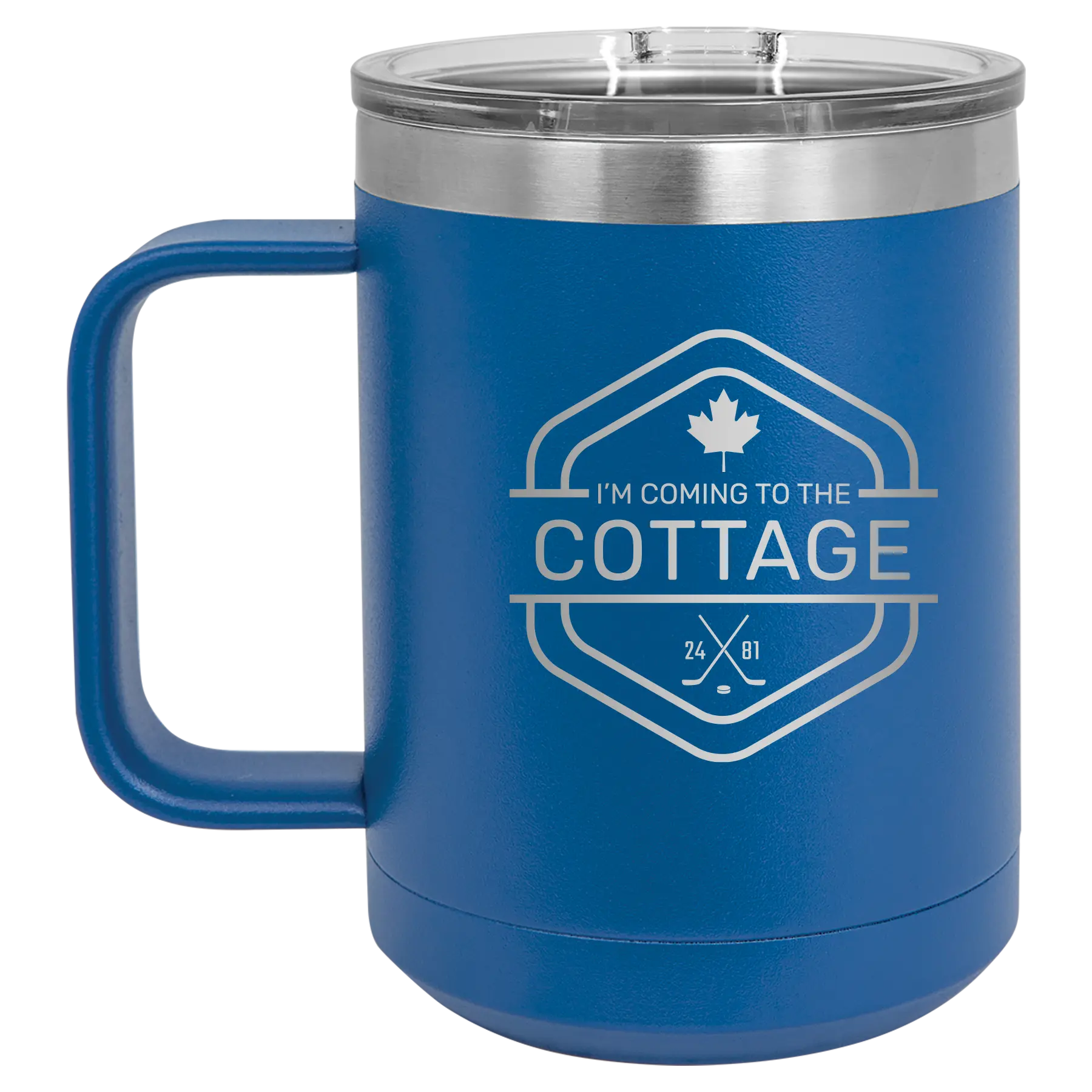 Laser etched royalblue 15 oz vacuum insulated coffee mug with 'I'm Coming to the Cottage (Maple Leaf)' design