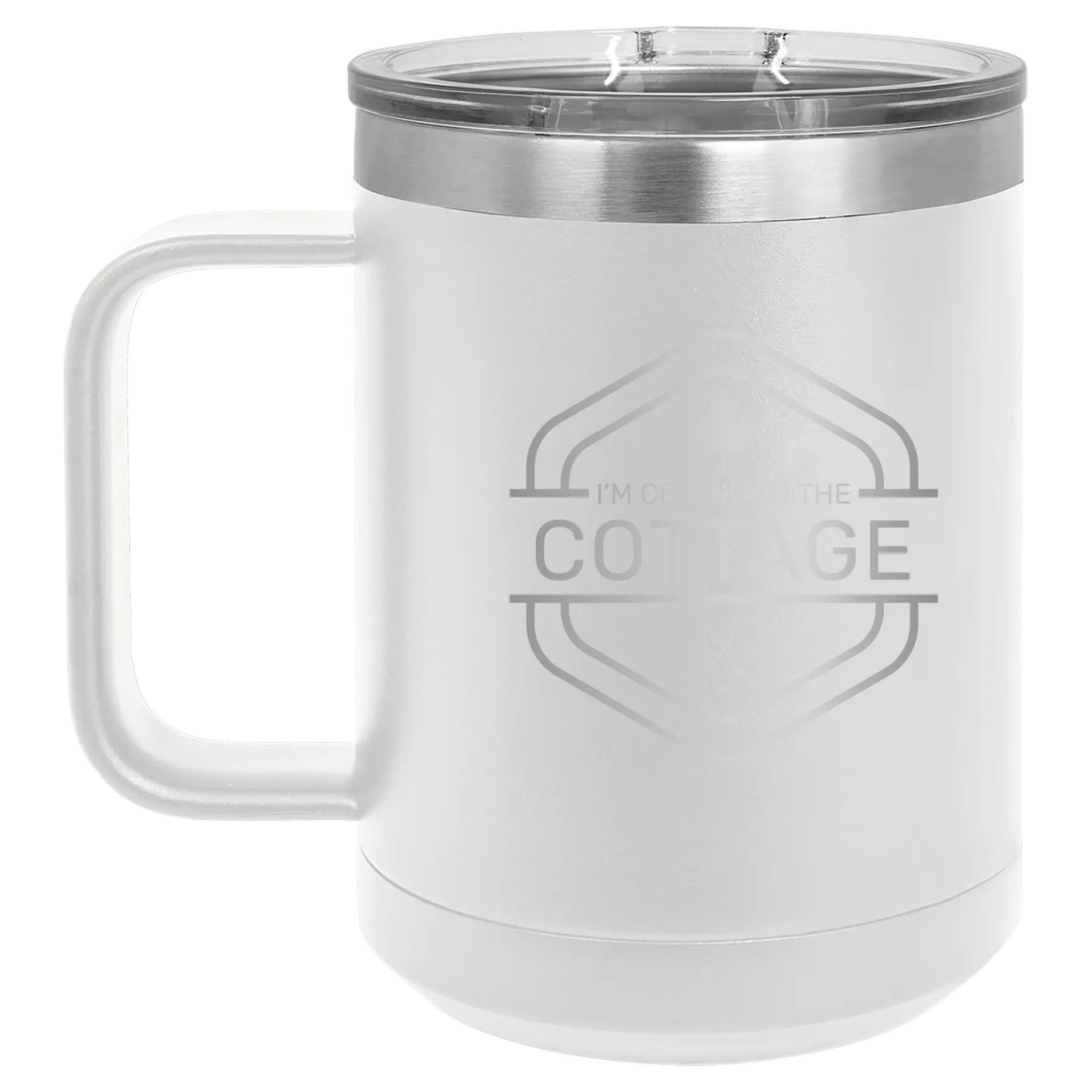 Laser etched white 15 oz vacuum insulated coffee mug with 'I'm Coming to the Cottage (Maple Leaf)' design