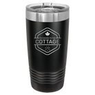 Laser etched black 20 oz vacuum insulated tumbler with 'I'm Coming to the Cottage (Maple Leaf)' design