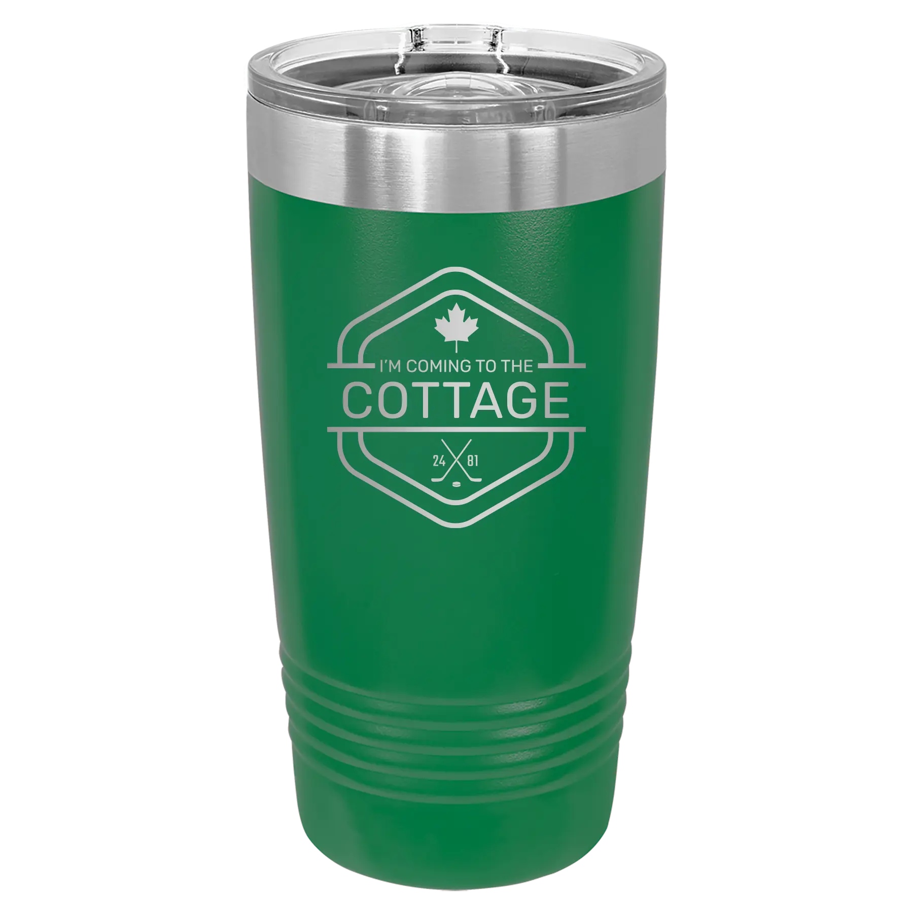 Laser etched green 20 oz vacuum insulated tumbler with 'I'm Coming to the Cottage (Maple Leaf)' design