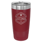 Laser etched maroon 20 oz vacuum insulated tumbler with 'I'm Coming to the Cottage (Maple Leaf)' design