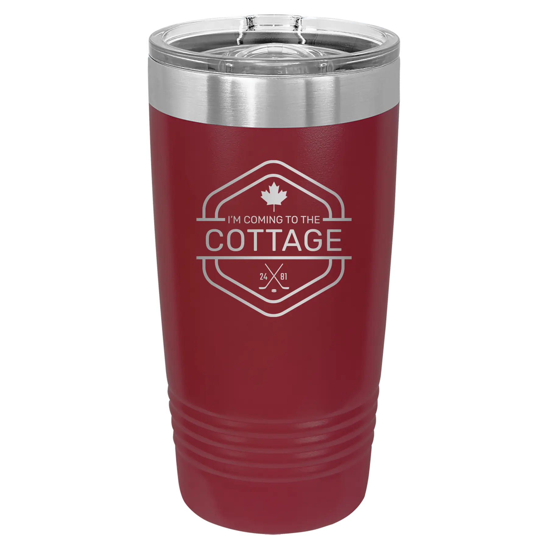 Laser etched maroon 20 oz vacuum insulated tumbler with 'I'm Coming to the Cottage (Maple Leaf)' design