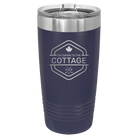 Laser etched navy 20 oz vacuum insulated tumbler with 'I'm Coming to the Cottage (Maple Leaf)' design