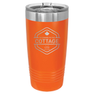Laser etched orange 20 oz vacuum insulated tumbler with 'I'm Coming to the Cottage (Maple Leaf)' design