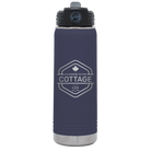Laser etched navy 20 oz vacuum insulated water bottle with 'I'm Coming to the Cottage (Maple Leaf)' design