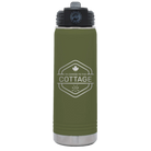 Laser etched olive green 20 oz vacuum insulated water bottle with 'I'm Coming to the Cottage (Maple Leaf)' design