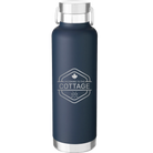 Laser etched navy 24 oz vacuum insulated water bottle with 'I'm Coming to the Cottage (Maple Leaf)' design