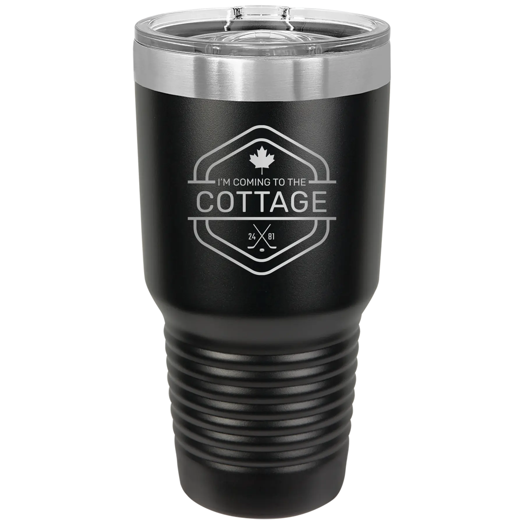 Laser etched black 30 oz vacuum insulated tumbler with 'I'm Coming to the Cottage (Maple Leaf)' design