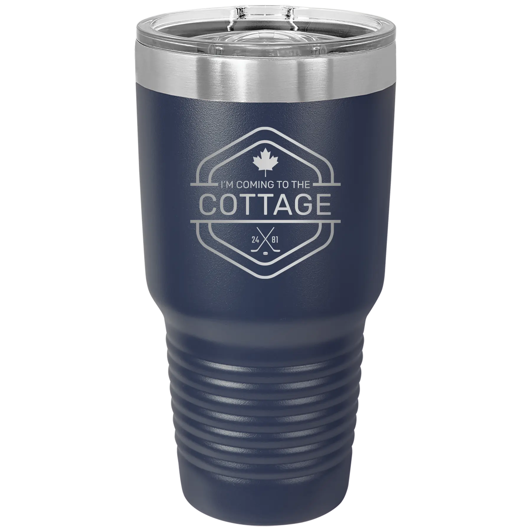 Laser etched navy 30 oz vacuum insulated tumbler with 'I'm Coming to the Cottage (Maple Leaf)' design