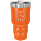 Laser etched orange 30 oz vacuum insulated tumbler with 'I'm Coming to the Cottage (Maple Leaf)' design