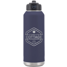 Laser etched navy 32 oz vacuum insulated water bottle with 'I'm Coming to the Cottage (Maple Leaf)' design