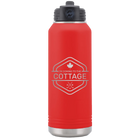 Laser etched red 32 oz vacuum insulated water bottle with 'I'm Coming to the Cottage (Maple Leaf)' design
