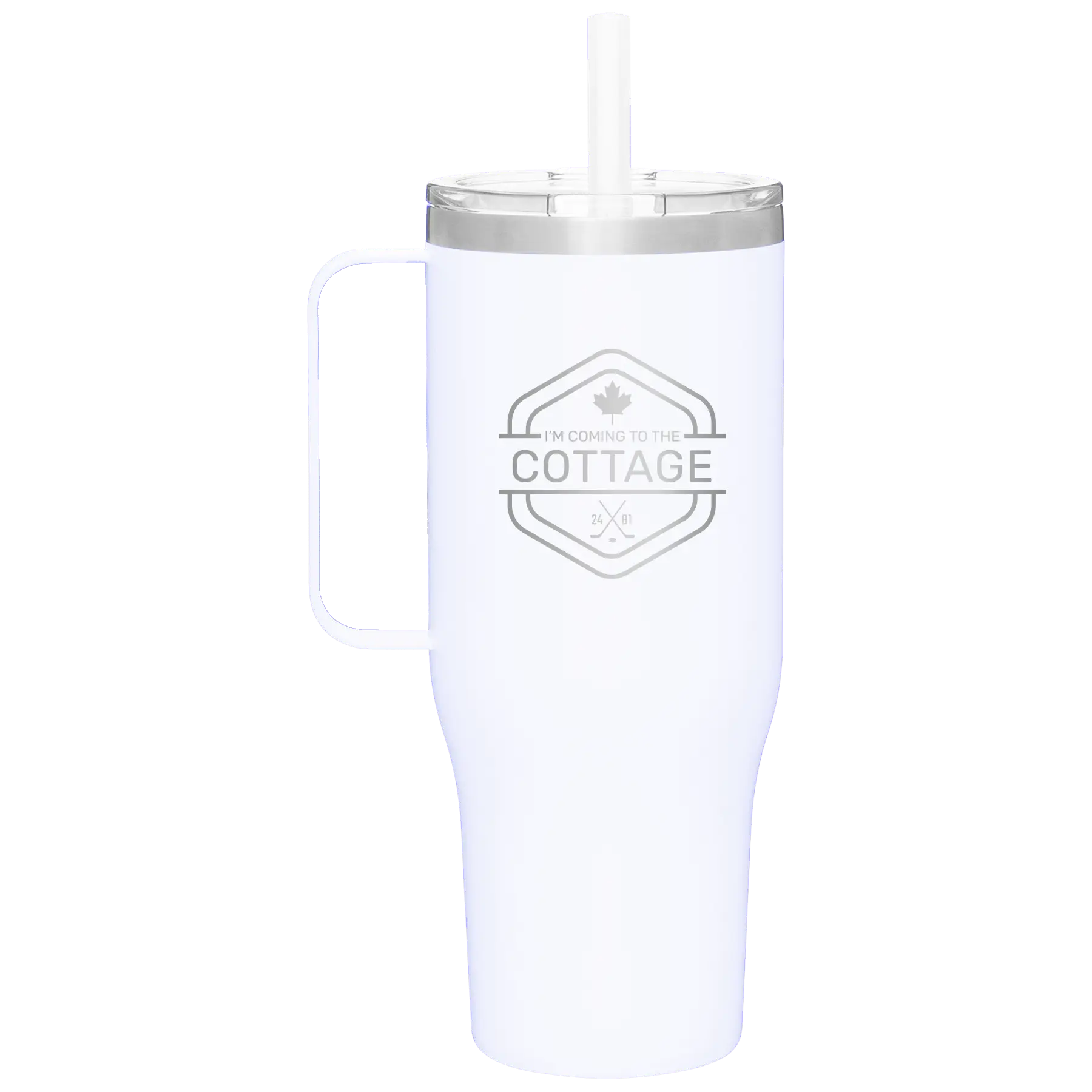 Laser etched white 40 oz vacuum insulated tumbler mug with 'I'm Coming to the Cottage (Maple Leaf)' design