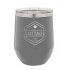 Laser etched dark gray 12 oz vacuum insulated wine cup with 'I'm Coming to the Cottage (Maple Leaf)' design