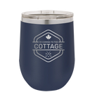 Laser etched navy 12 oz vacuum insulated wine cup with 'I'm Coming to the Cottage (Maple Leaf)' design