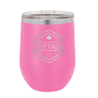 Laser etched pink 12 oz vacuum insulated wine cup with 'I'm Coming to the Cottage (Maple Leaf)' design