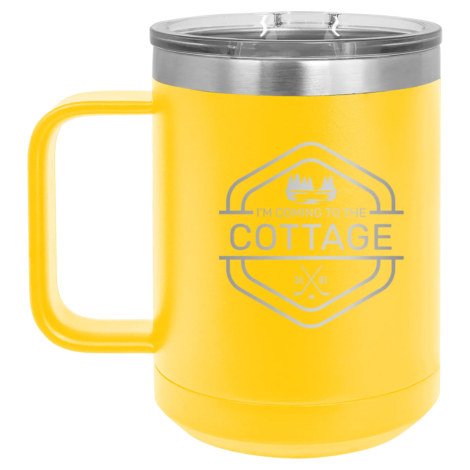 Laser etched yellow 15 oz vacuum insulated coffee mug with 'I'm Coming to the Cottage (Trees)' design