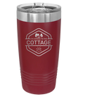 Laser etched maroon 20 oz vacuum insulated tumbler with 'I'm Coming to the Cottage (Trees)' design