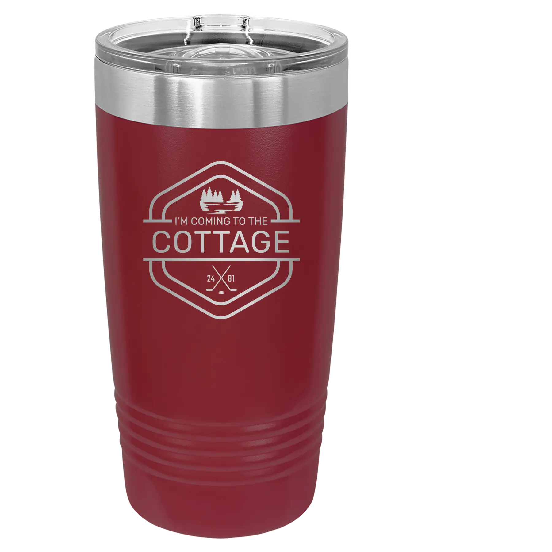 Laser etched maroon 20 oz vacuum insulated tumbler with 'I'm Coming to the Cottage (Trees)' design