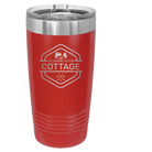 Laser etched red 20 oz vacuum insulated tumbler with 'I'm Coming to the Cottage (Trees)' design