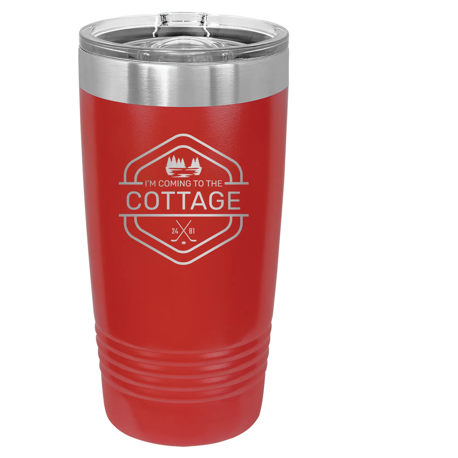 Laser etched red 20 oz vacuum insulated tumbler with 'I'm Coming to the Cottage (Trees)' design