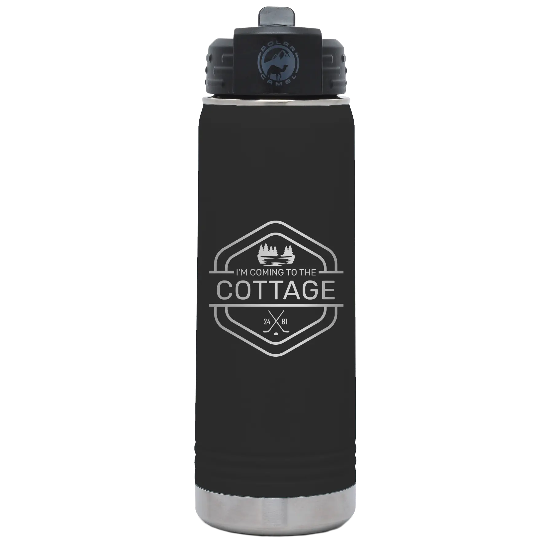 Laser etched black 20 oz vacuum insulated water bottle with 'I'm Coming to the Cottage (Trees)' design