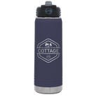 Laser etched navy 20 oz vacuum insulated water bottle with 'I'm Coming to the Cottage (Trees)' design