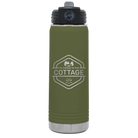 Laser etched olive green 20 oz vacuum insulated water bottle with 'I'm Coming to the Cottage (Trees)' design