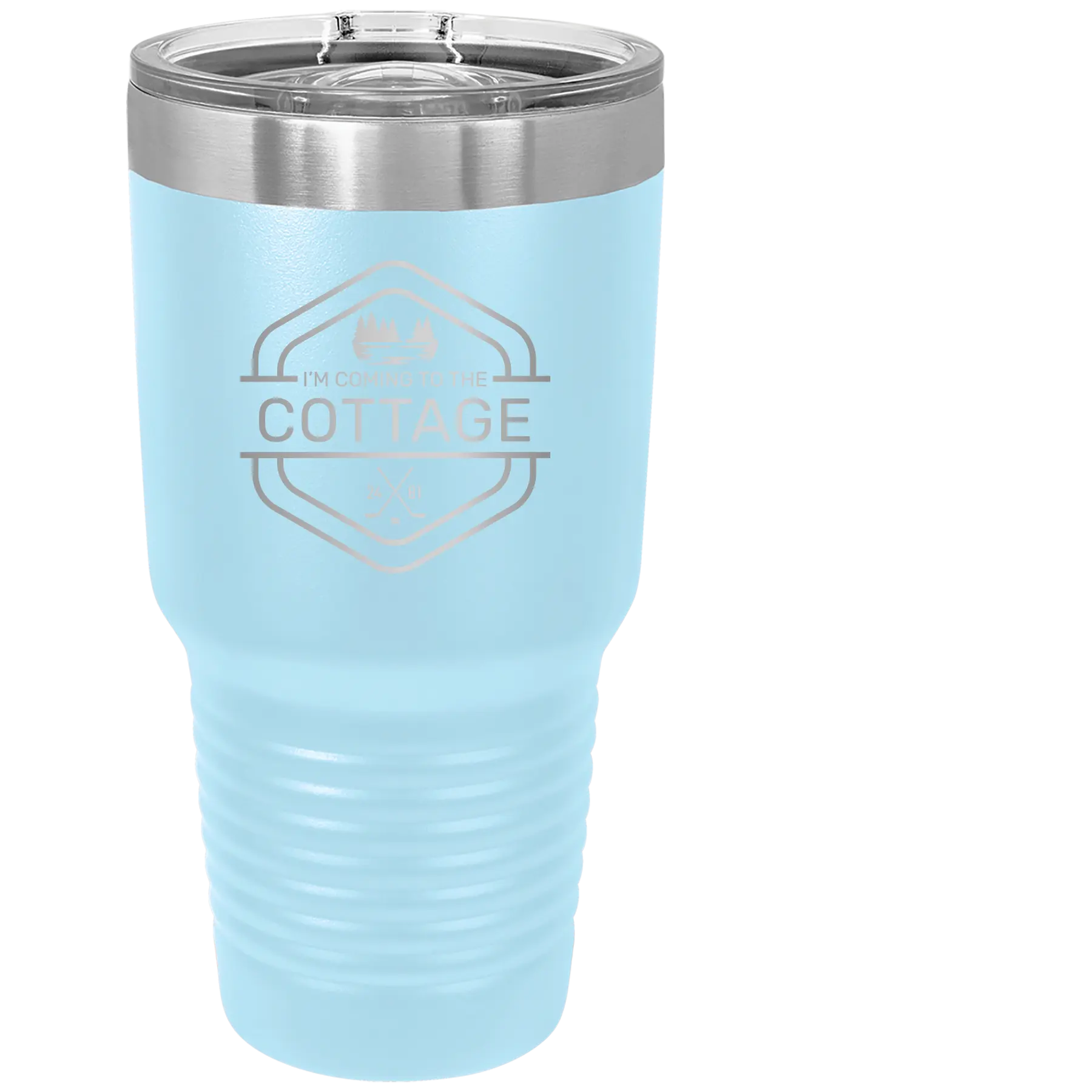 Laser etched light blue 30 oz vacuum insulated tumbler with 'I'm Coming to the Cottage (Trees)' design