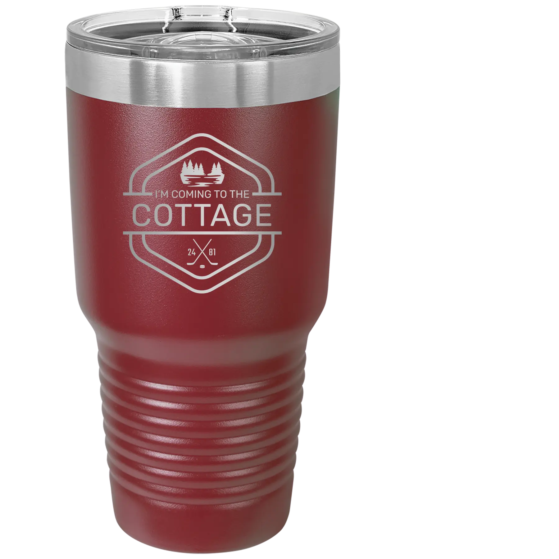 Laser etched maroon 30 oz vacuum insulated tumbler with 'I'm Coming to the Cottage (Trees)' design