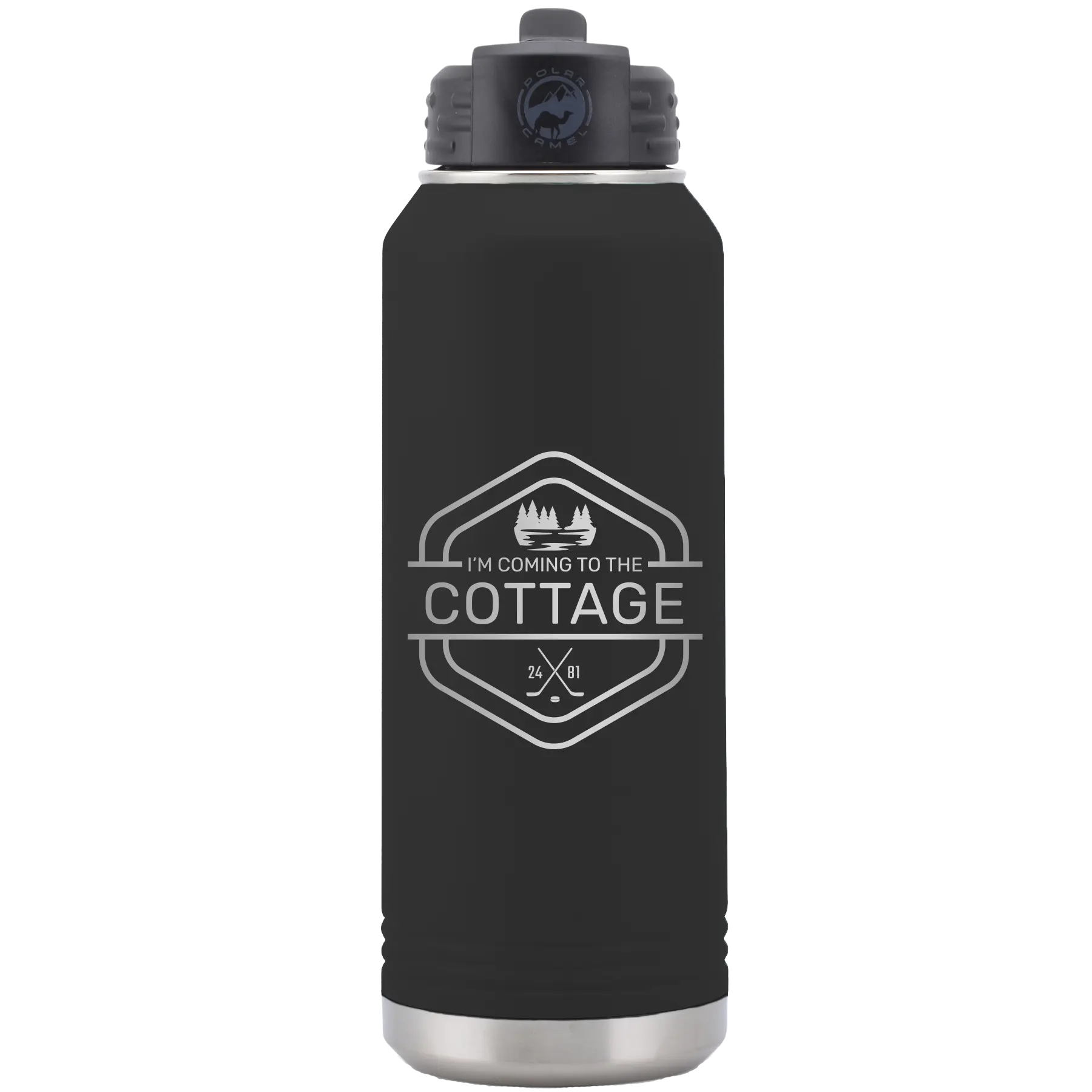 Laser etched black 32 oz vacuum insulated water bottle with 'I'm Coming to the Cottage (Trees)' design