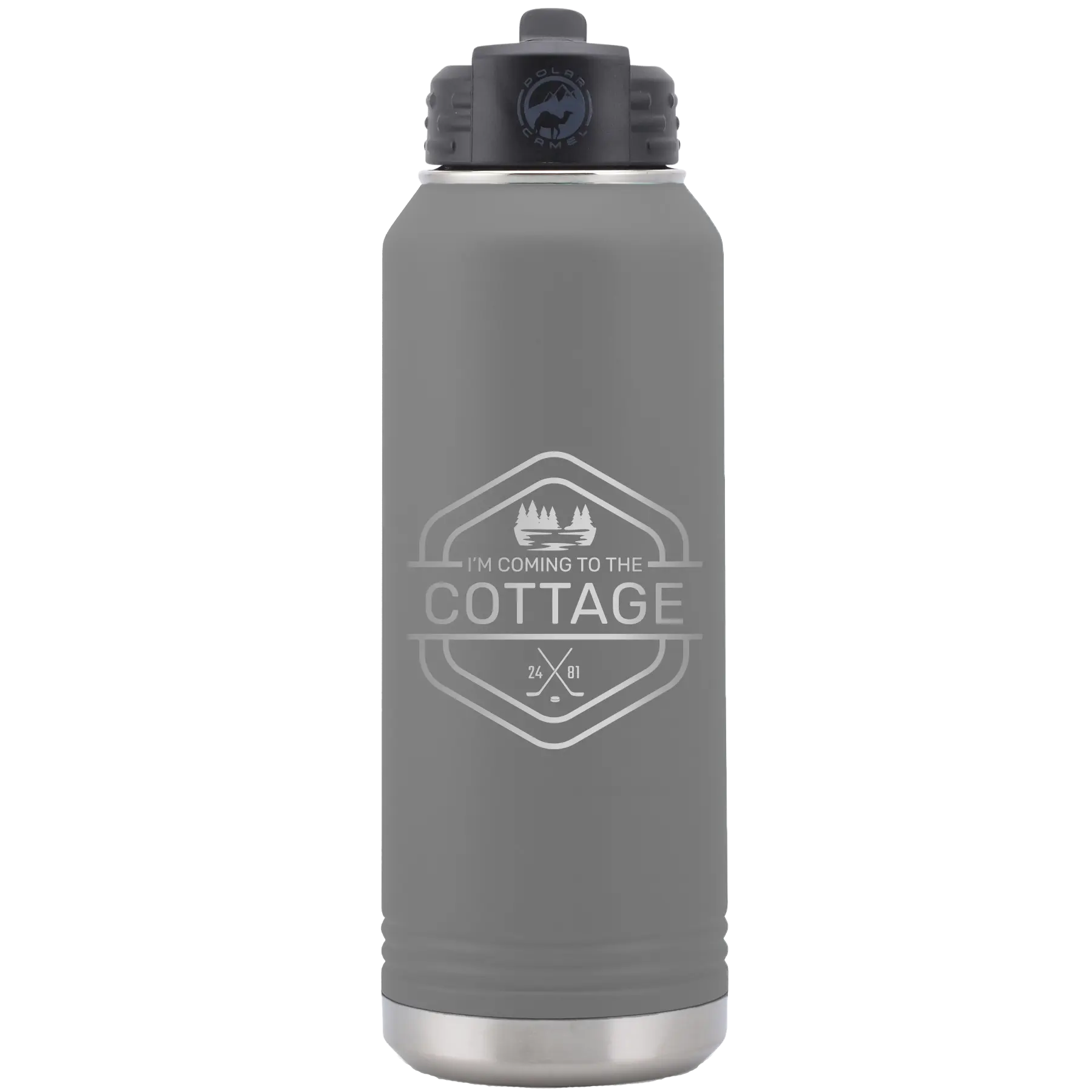 Laser etched dark gray 32 oz vacuum insulated water bottle with 'I'm Coming to the Cottage (Trees)' design