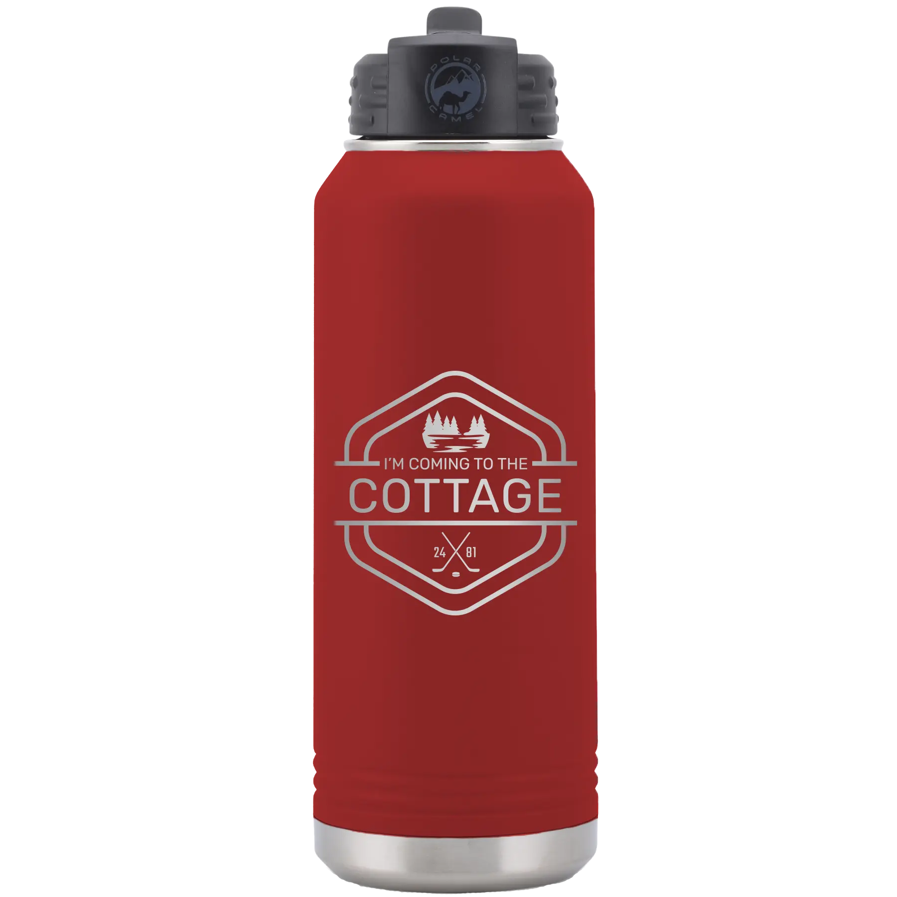 Laser etched maroon 32 oz vacuum insulated water bottle with 'I'm Coming to the Cottage (Trees)' design