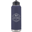 Laser etched navy 32 oz vacuum insulated water bottle with 'I'm Coming to the Cottage (Trees)' design