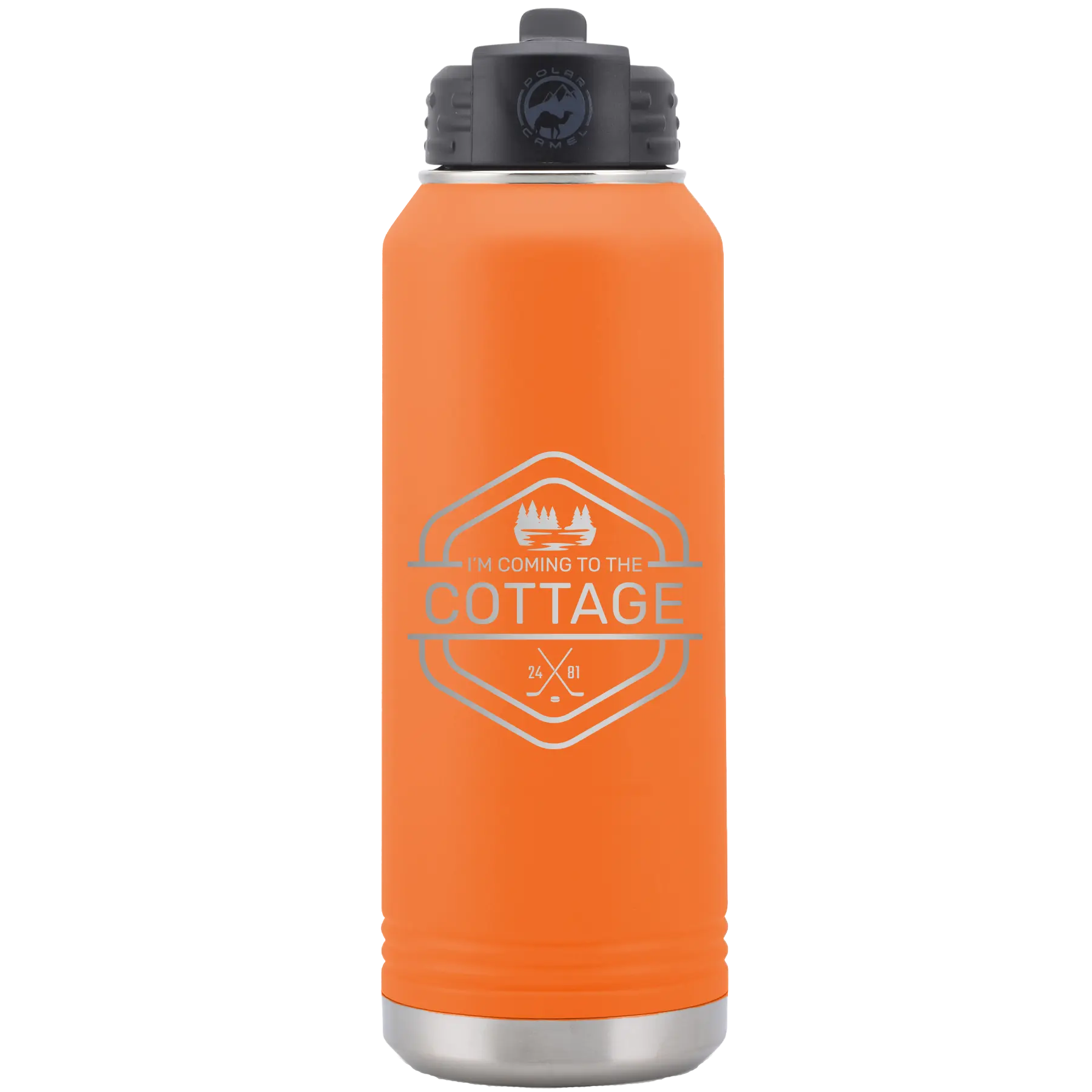 Laser etched orange 32 oz vacuum insulated water bottle with 'I'm Coming to the Cottage (Trees)' design