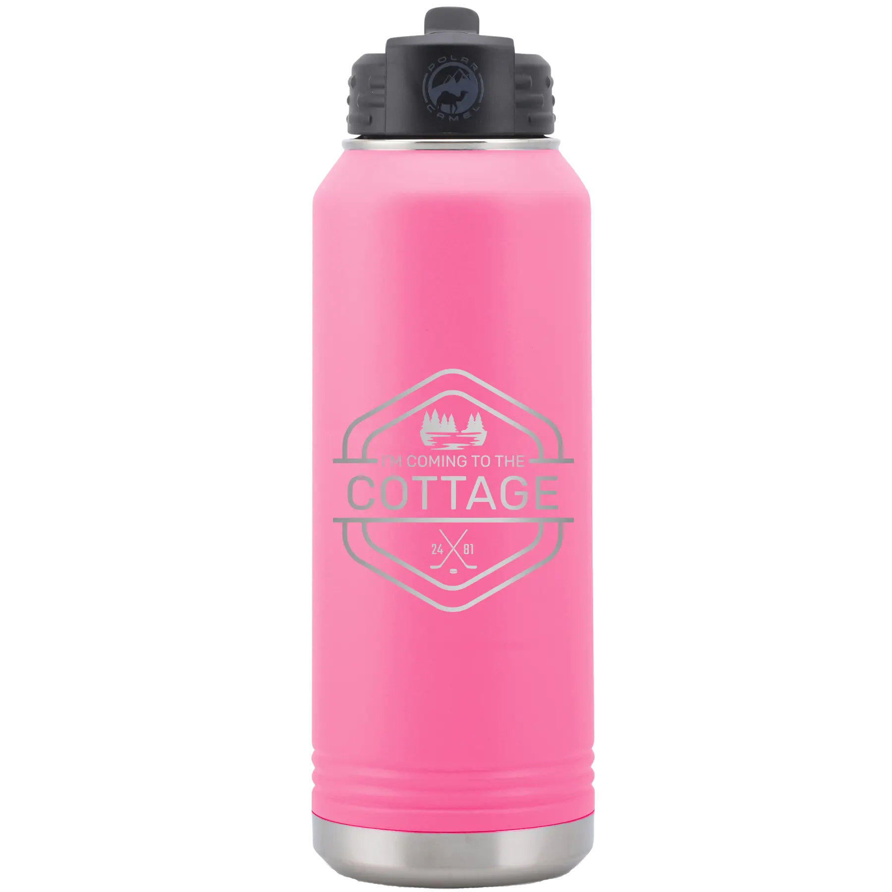 Laser etched pink 32 oz vacuum insulated water bottle with 'I'm Coming to the Cottage (Trees)' design