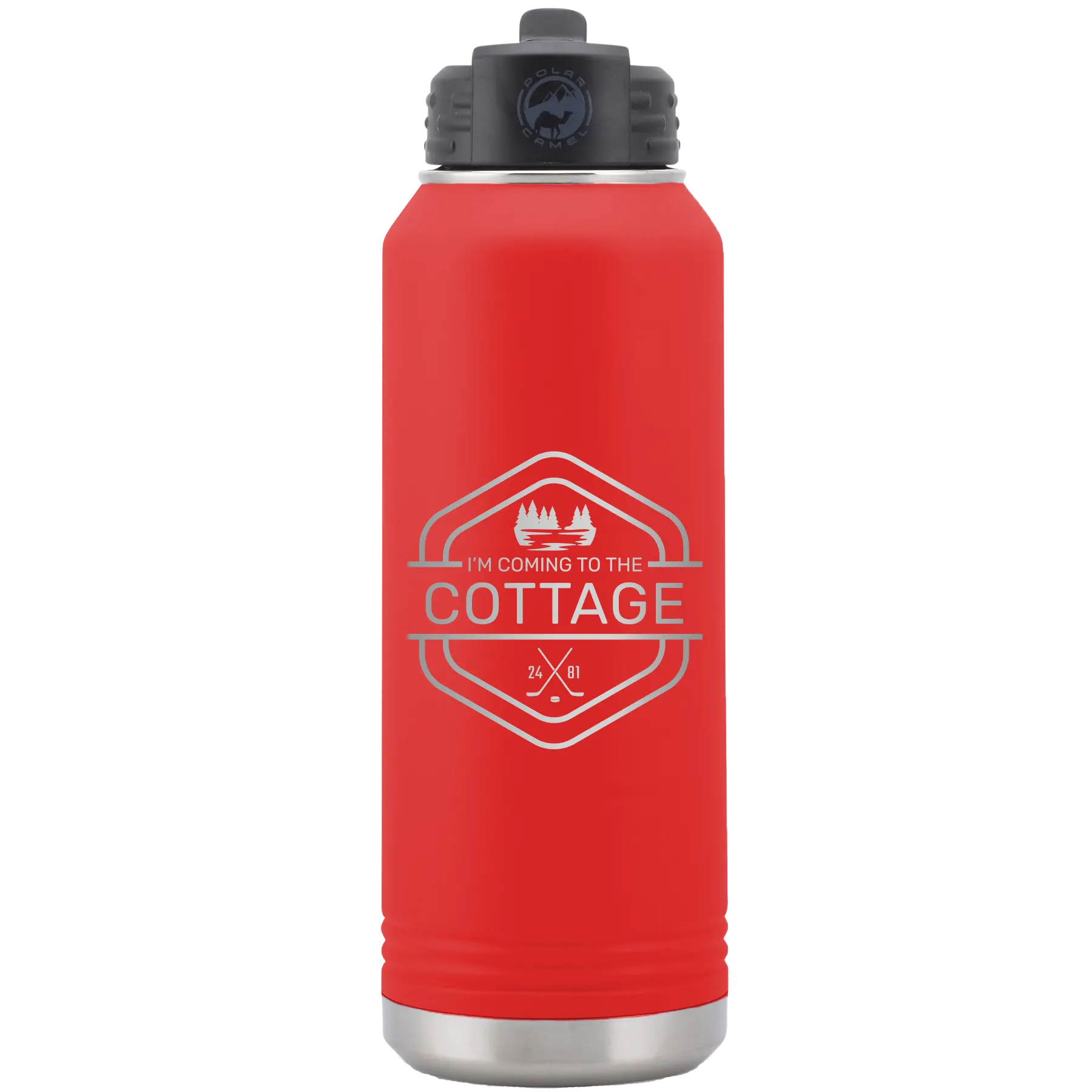 Laser etched red 32 oz vacuum insulated water bottle with 'I'm Coming to the Cottage (Trees)' design