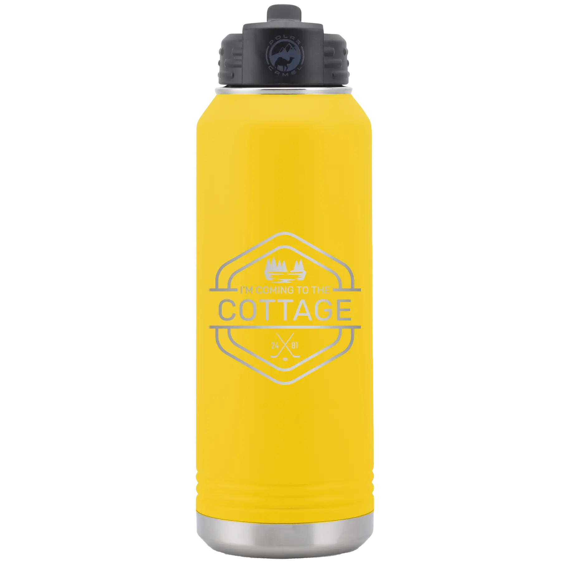 Laser etched yellow 32 oz vacuum insulated water bottle with 'I'm Coming to the Cottage (Trees)' design