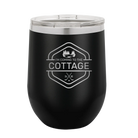 Laser etched black 12 oz vacuum insulated wine cup with 'I'm Coming to the Cottage (Trees)' design