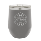 Laser etched dark gray 12 oz vacuum insulated wine cup with 'I'm Coming to the Cottage (Trees)' design