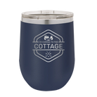 Laser etched navy 12 oz vacuum insulated wine cup with 'I'm Coming to the Cottage (Trees)' design