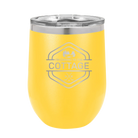 Laser etched yellow 12 oz vacuum insulated wine cup with 'I'm Coming to the Cottage (Trees)' design